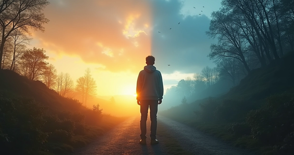 Persona de espaldas en una encrucijada entre un camino luminoso y otro oscuro 