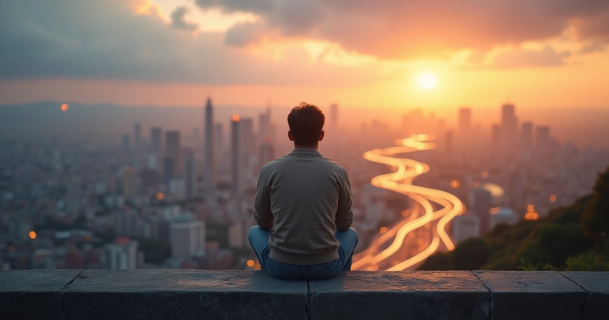 Persona sentada en un mirador sobre la ciudad al atardecer mirando varios caminos que se abren frente a ella 