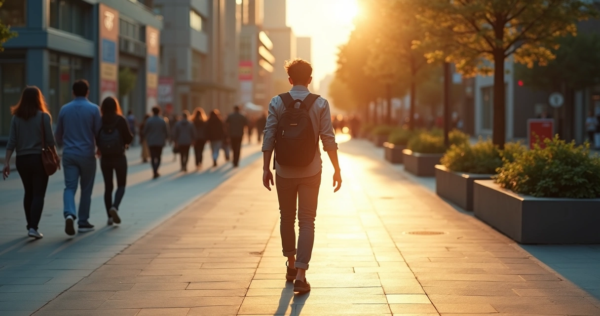 Persona caminando dejando atrás un camino mecánico hacia uno luminoso y consciente 
