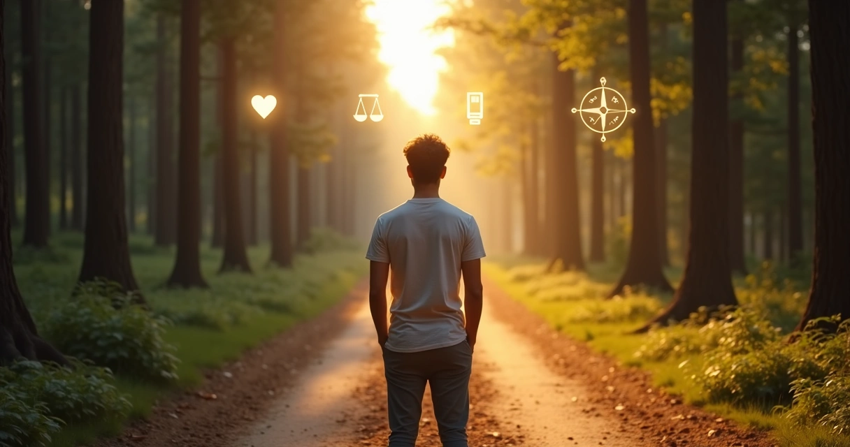 Persona de pie en una encrucijada eligiendo un camino alineado con sus valores 