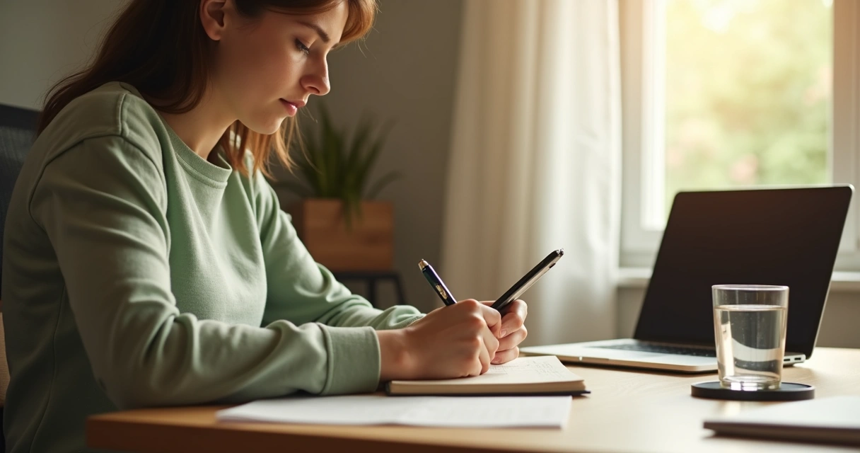 Persona escribiendo en cuaderno con móvil apartado y ambiente sereno