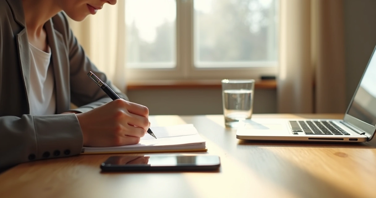 Persona escribiendo en cuaderno con móvil apartado 