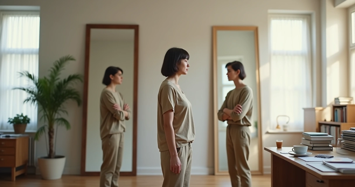 Persona adulta frente a un espejo con dos versiones de sí misma representando el autosabotaje 