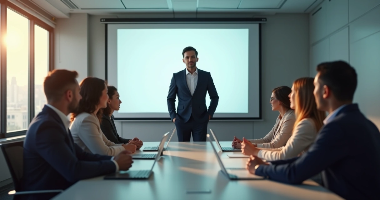 Persona de pie con gesto decidido en una sala frente a varias personas observándola 