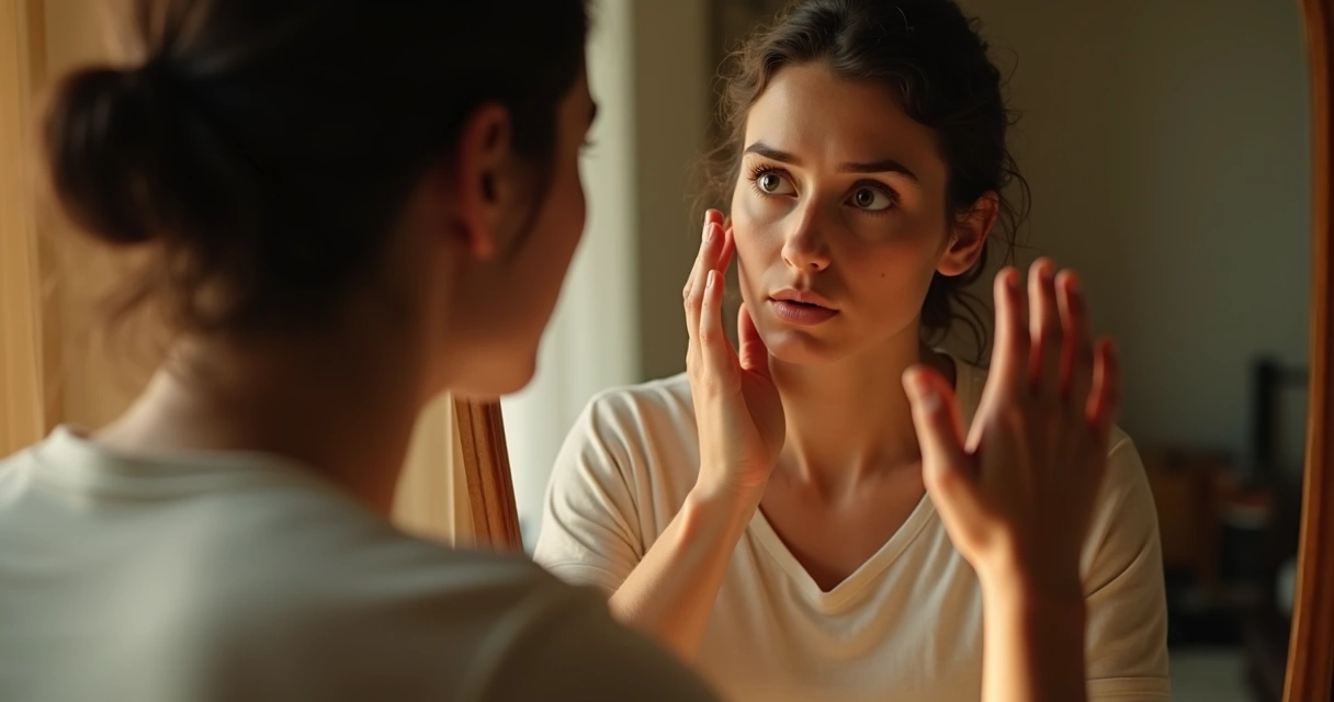 Persona mirándose al espejo con expresión reflexiva. 