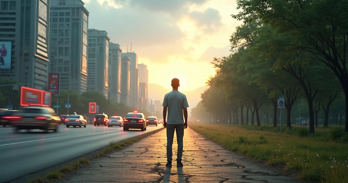 Persona de pie en una encrucijada entre un entorno caótico y otro armonioso 