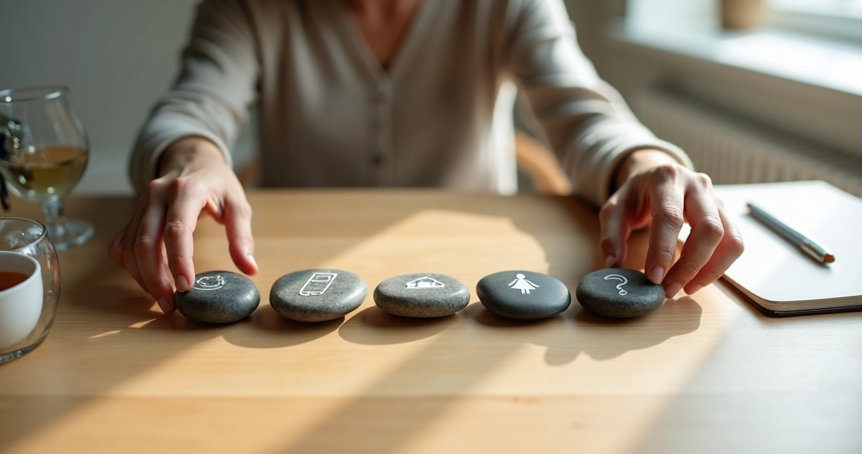 Persona equilibra piedras con símbolos de límites y relaciones en una mesa 