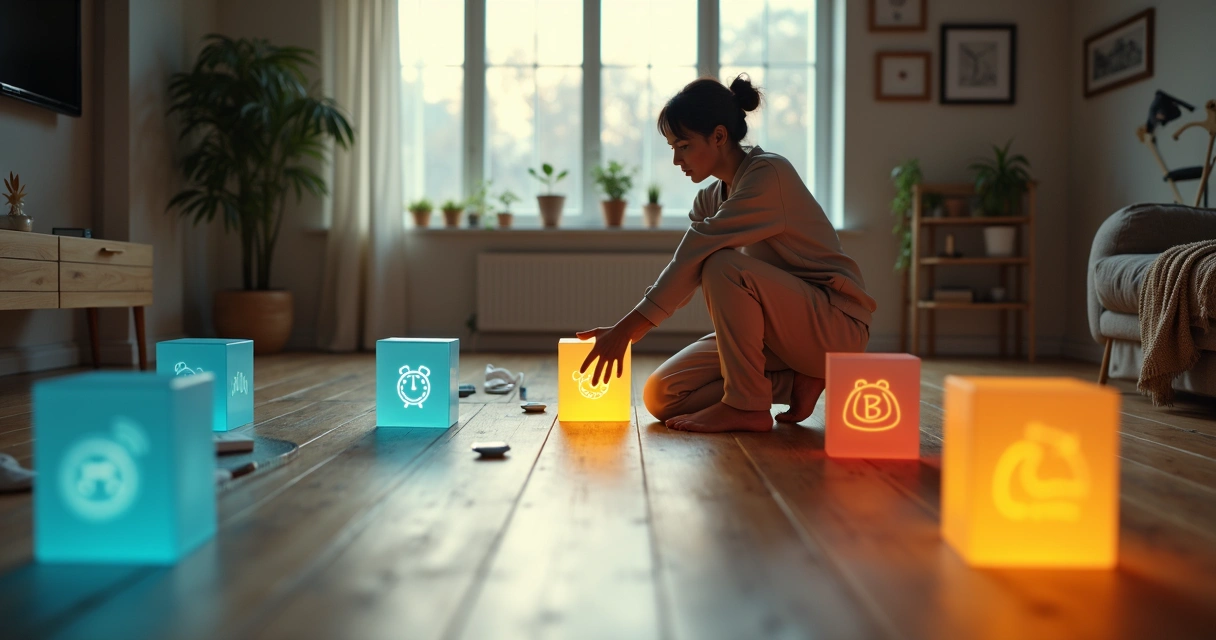 Persona ordenando bloques luminosos que representan diferentes rutinas diarias 