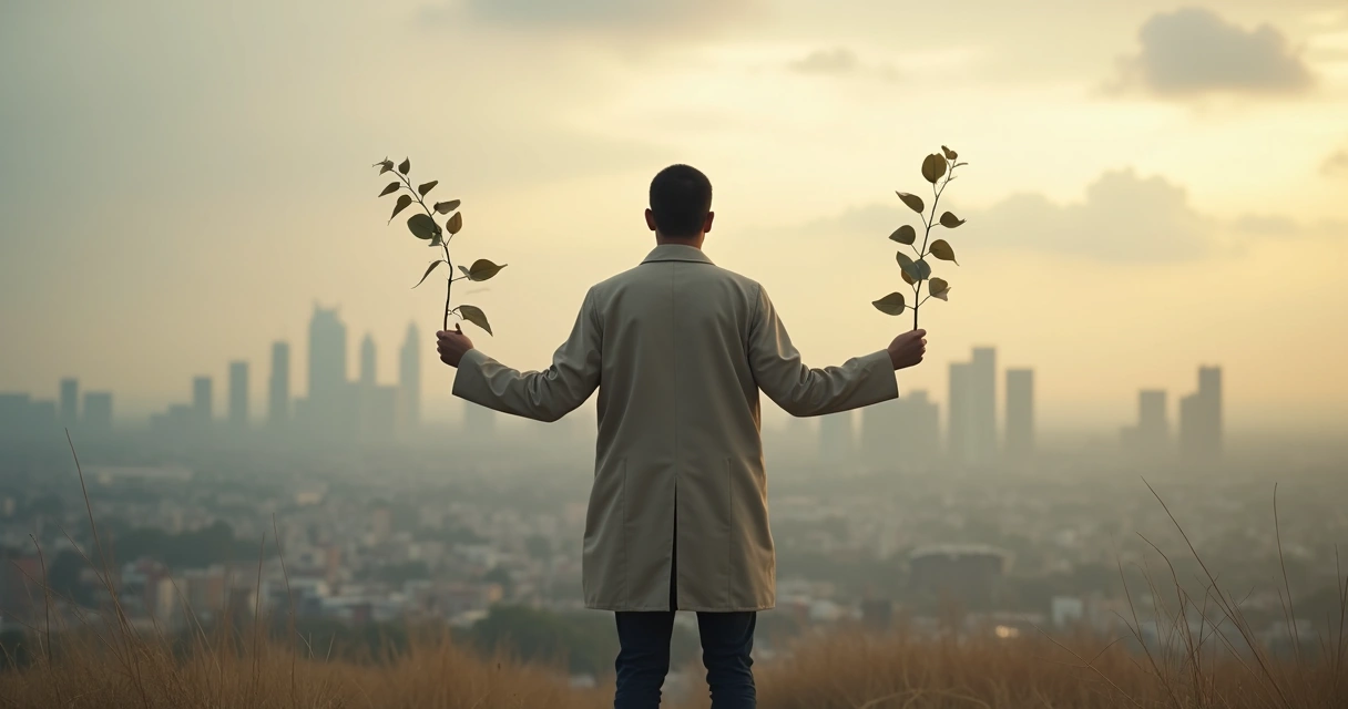 Persona serena sosteniendo ramas en equilibrio frente a una ciudad difusa 