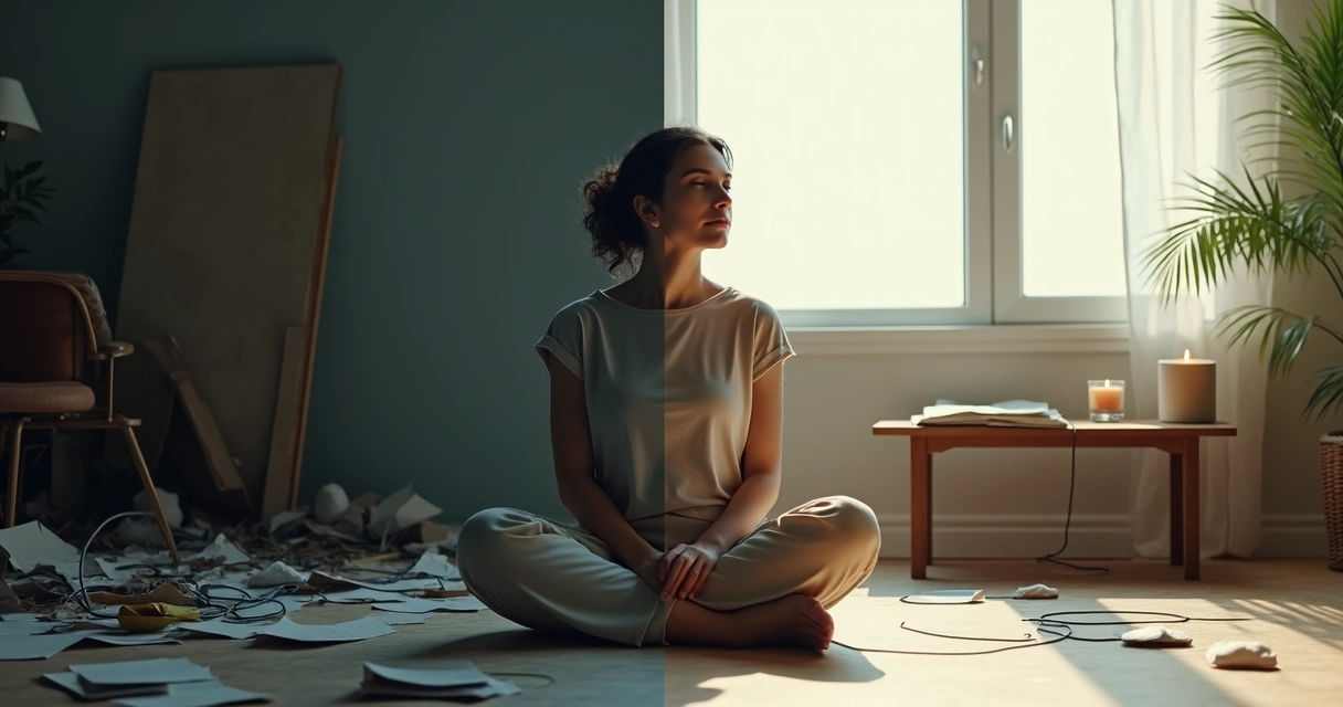 Persona sentada en calma con contraste entre caos y equilibrio interior 