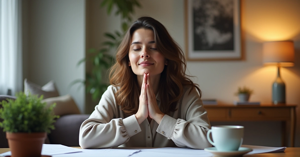 Persona sentada frente a una computadora con expresión calmada 