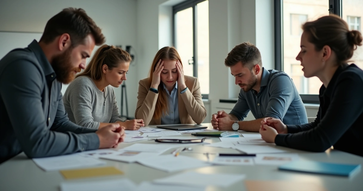 Personas en una mesa discutiendo, visiblemente cansadas y tensas. 