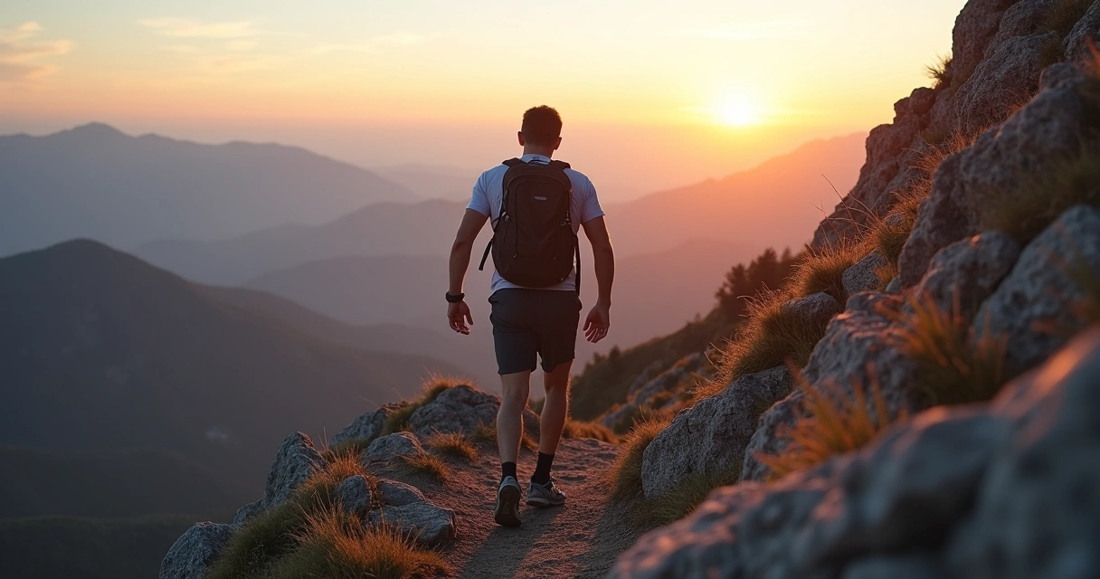 Persona subiendo una montaña al amanecer con vista amplia del paisaje 
