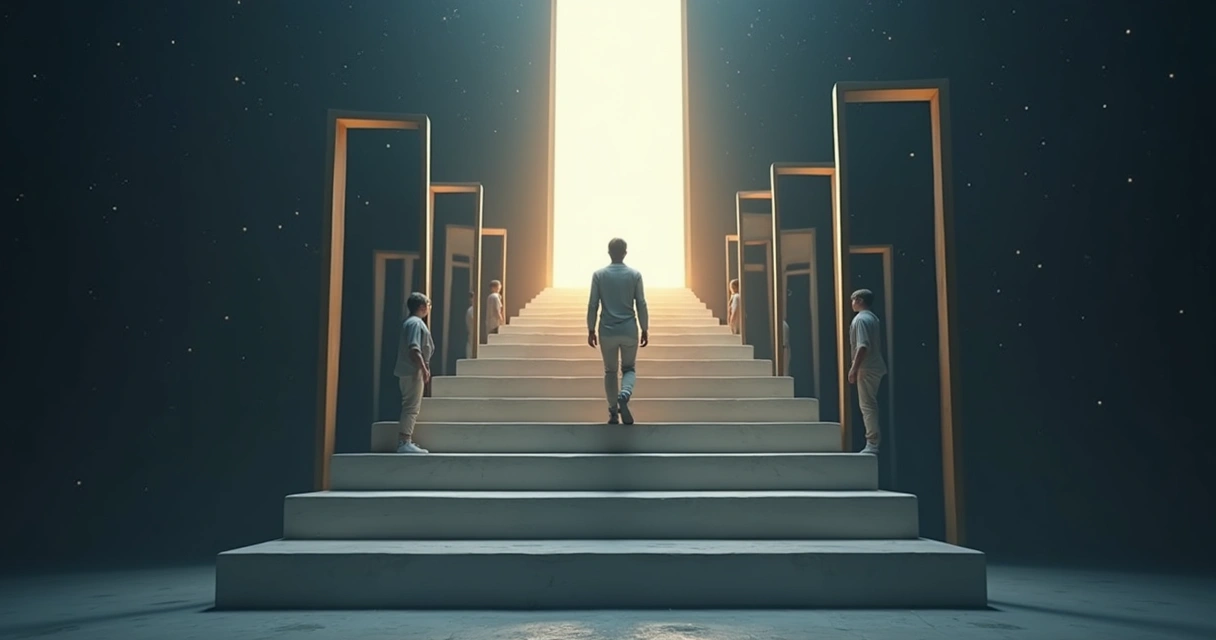 Persona subiendo una escalera rodeada de espejos hacia una puerta luminosa 