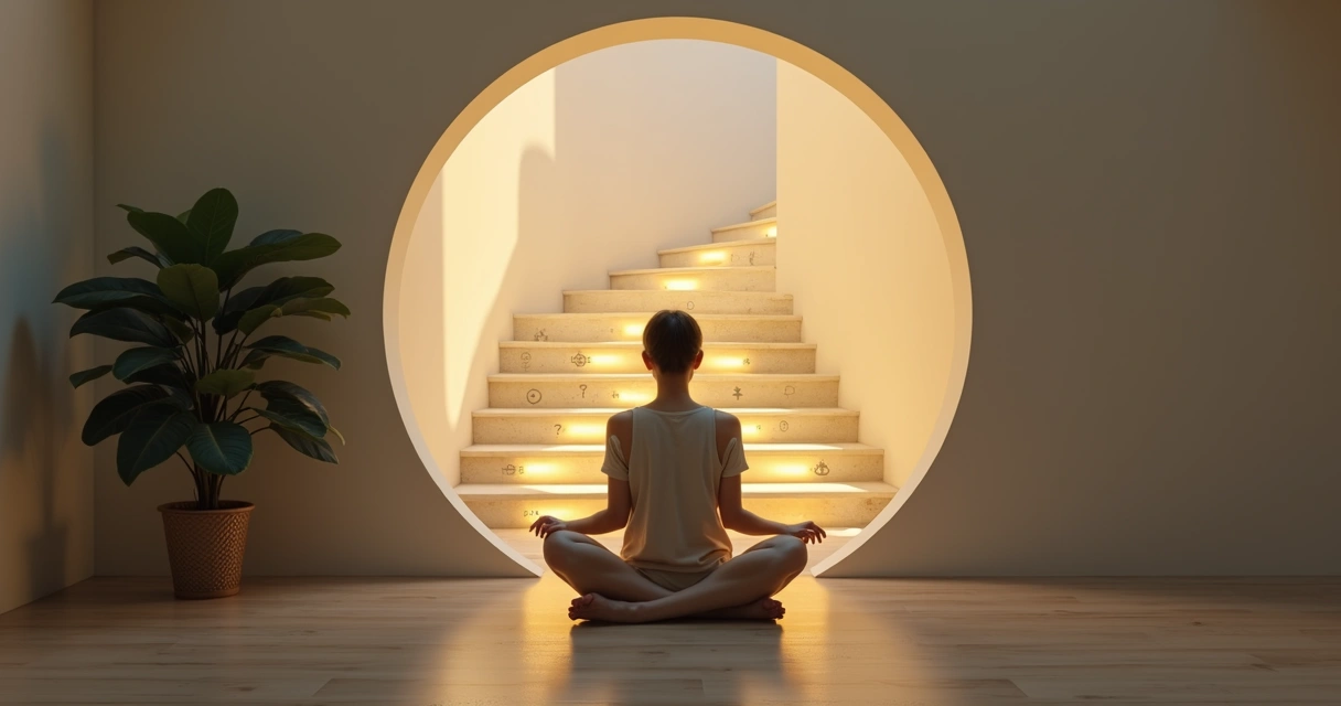Persona sentada al pie de una escalera interna iluminada 