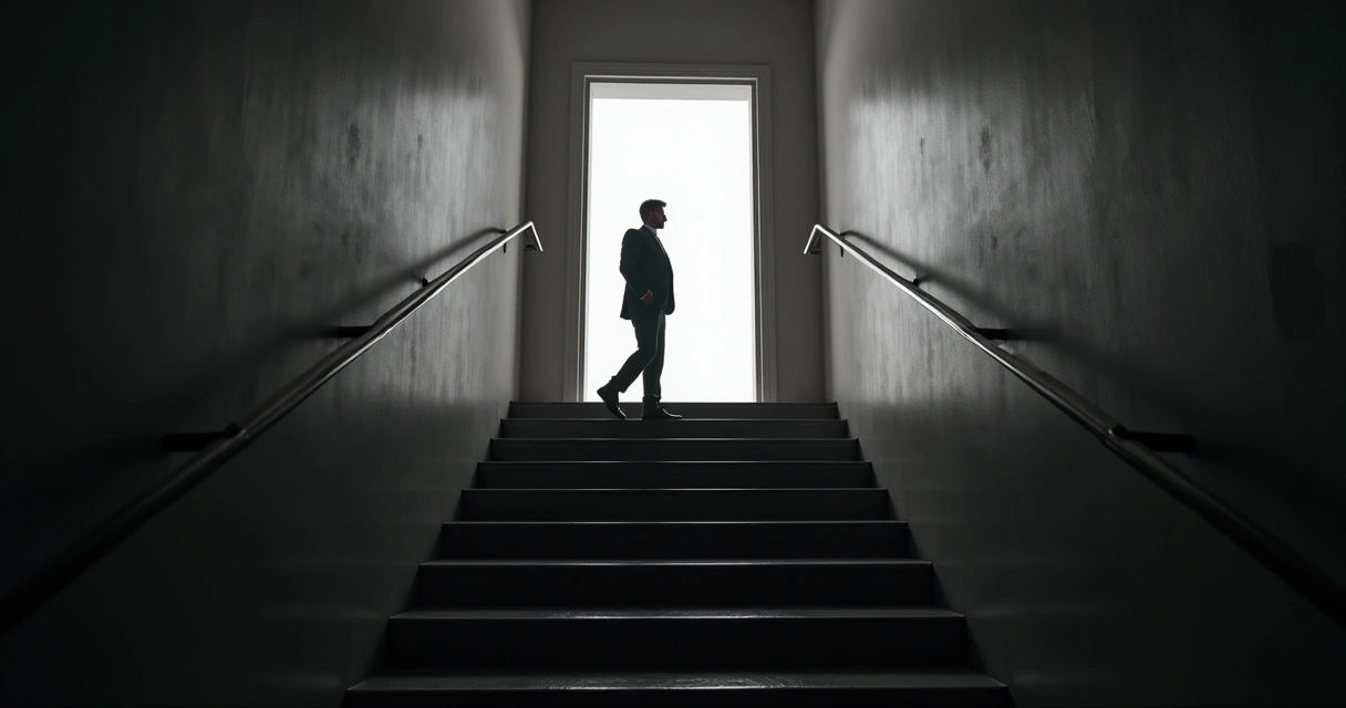 Persona subiendo escalera hacia luz en fondo oscuro 