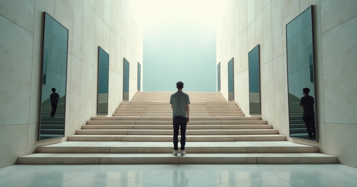 Persona observa su reflejo múltiple en escaleras interiores iluminadas 