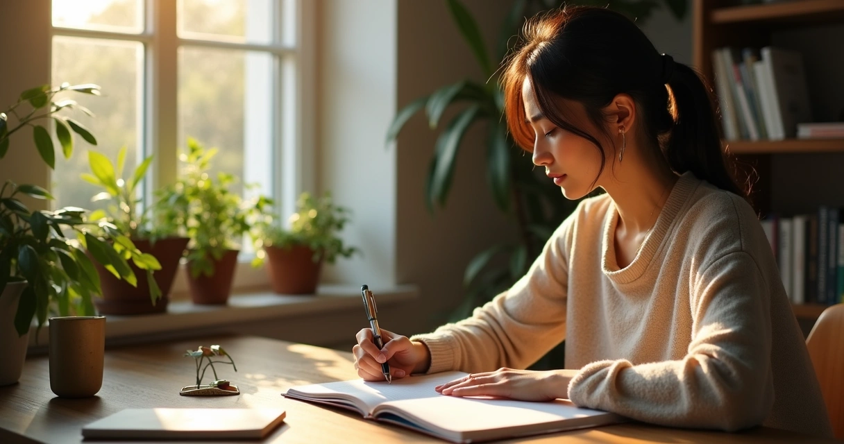 Persona sentada escribiendo en un diario con bolígrafo 