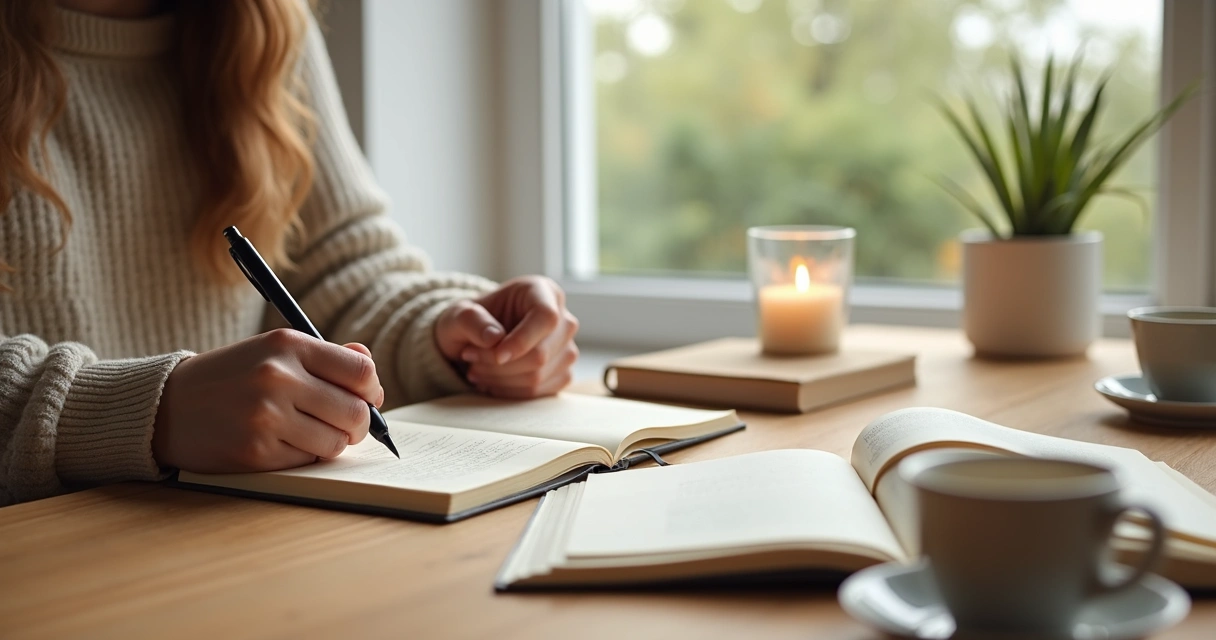 Persona escribiendo una bitácora de autoconciencia en una mesa tranquila 
