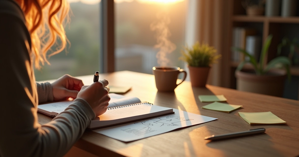 Persona escribiendo en una bitácora de reflexión junto a una taza de té 