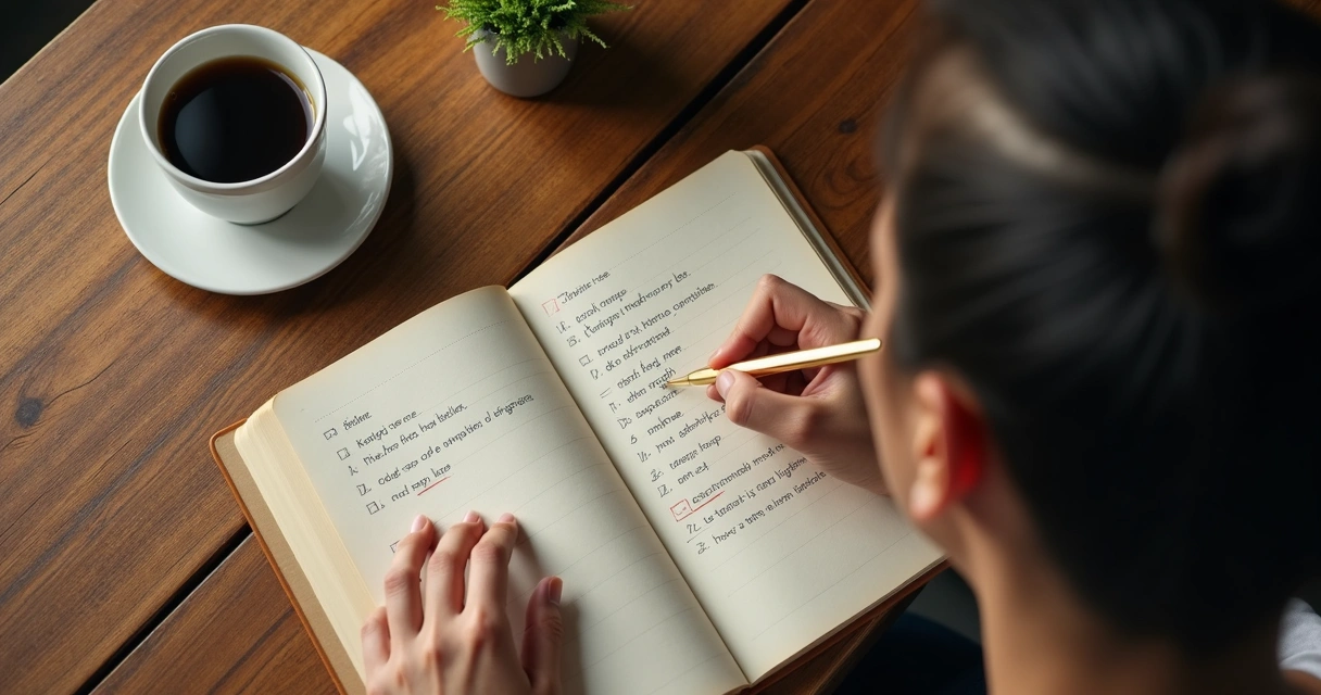 Persona escribiendo sus creencias en una libreta. 