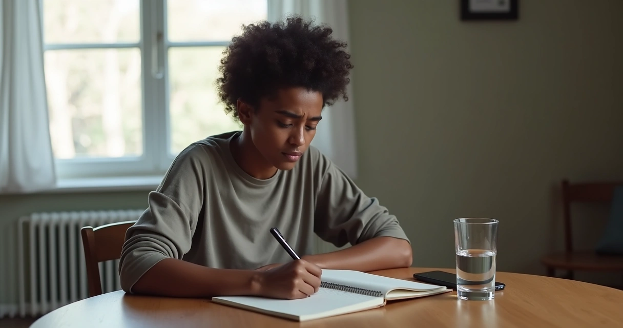 Persona escribiendo en un cuaderno durante una crisis emocional