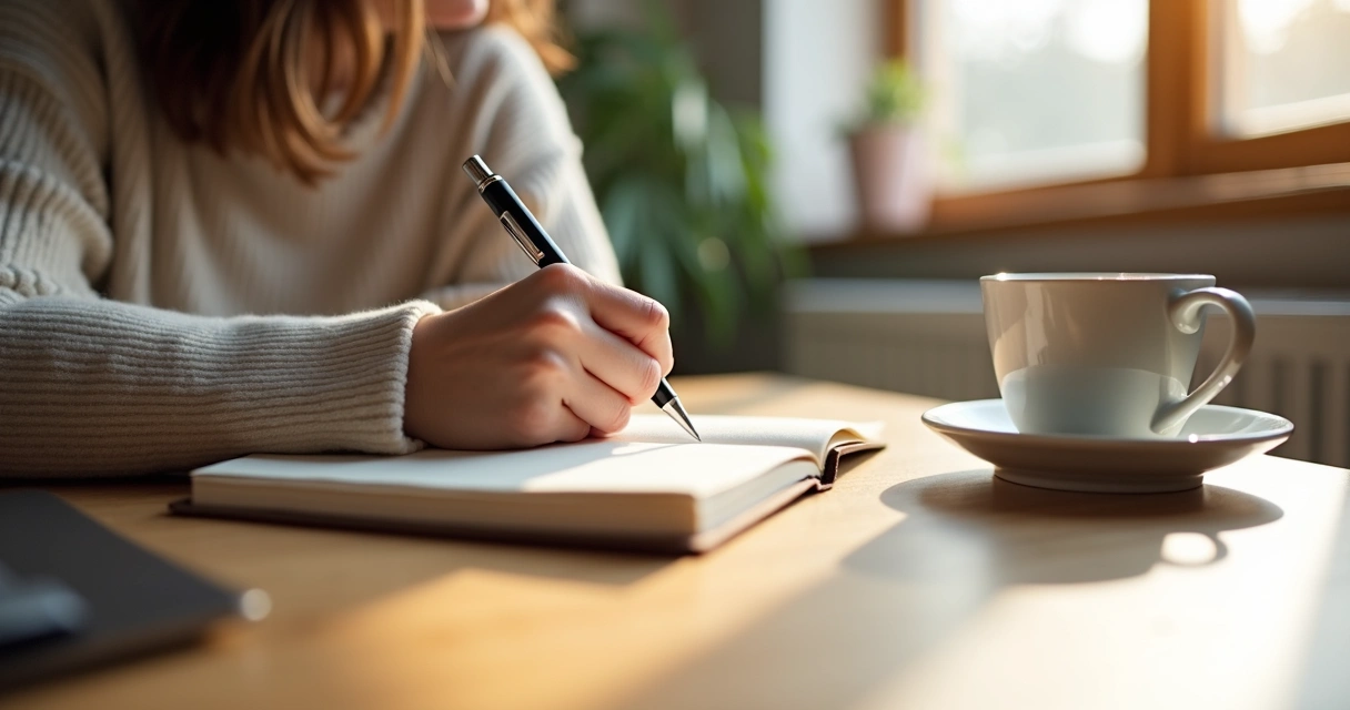 Persona escribiendo en un cuaderno junto a una taza y una ventana