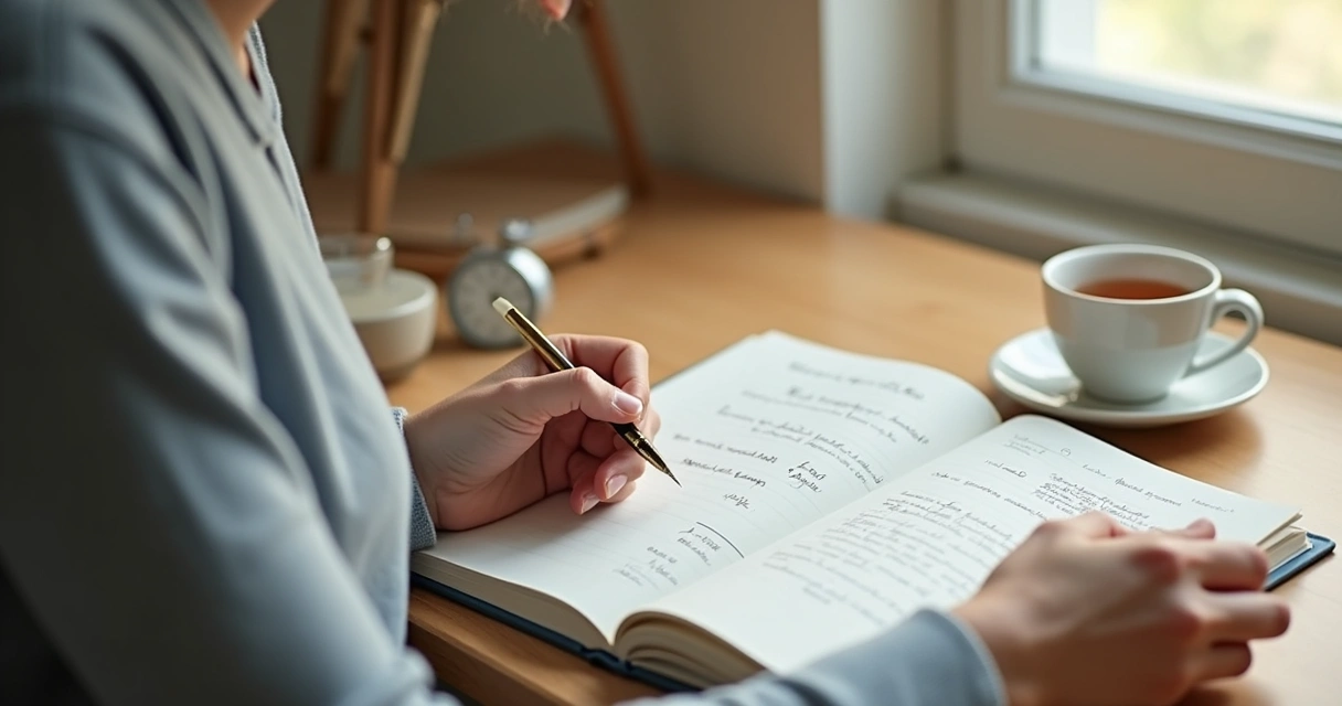 Persona escribiendo en un cuaderno junto a una taza y un reloj