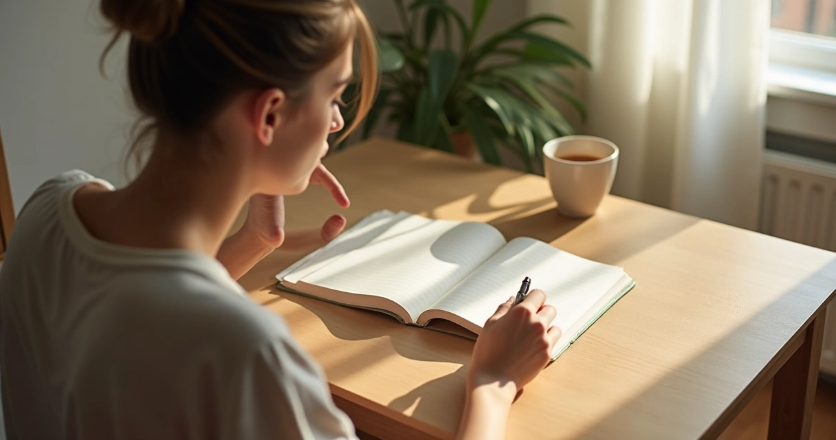 Persona escribiendo en un cuaderno junto a una taza y luz suave 