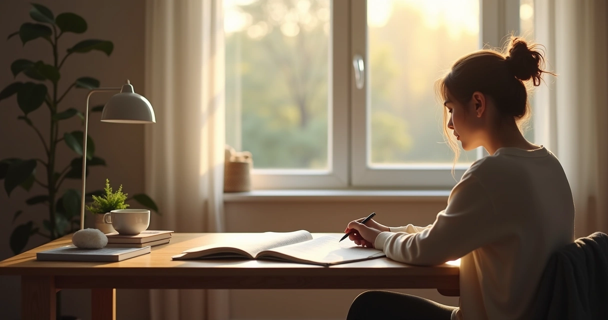 Persona escribiendo en un cuaderno junto a una ventana 