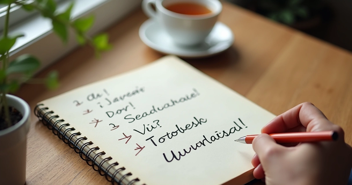 Persona escribiendo preguntas en un cuaderno junto a una taza de té