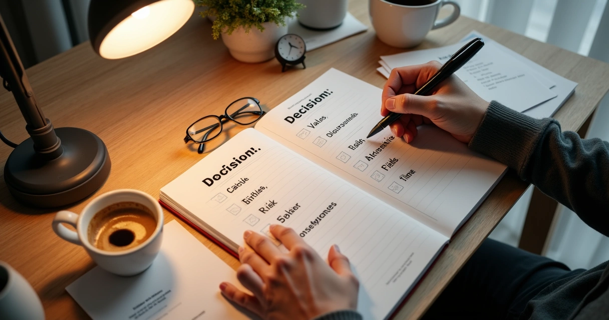 Persona escribiendo opciones y preguntas en una libreta sobre un escritorio