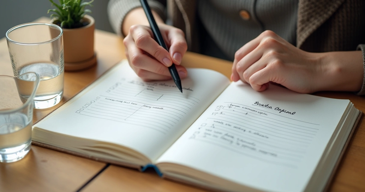Persona escribiendo opciones y prioridades en un cuaderno sobre una mesa