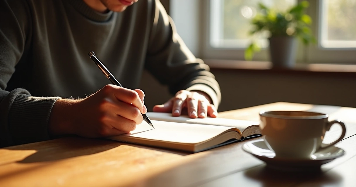 Persona adulta escribiendo en un diario en una mesa de madera 
