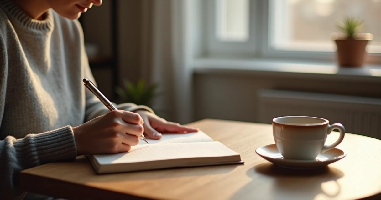 Persona escribiendo en un diario junto a una taza y una ventana