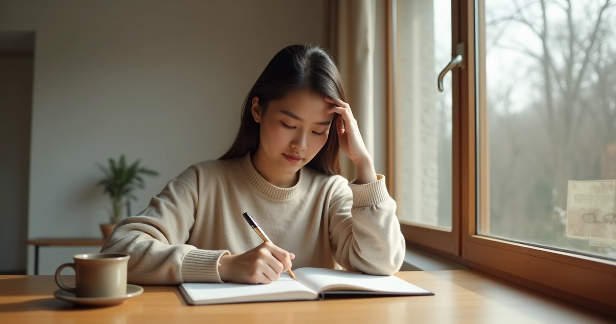 Persona escribiendo en un cuaderno junto a una taza y una ventana 