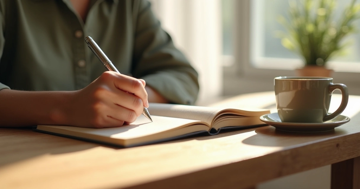 Persona escribiendo en un cuaderno junto a una taza y una ventana