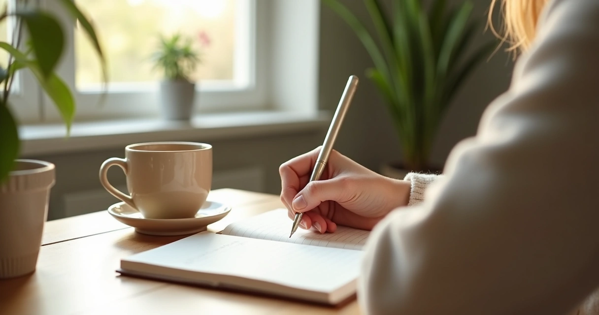 Persona escribiendo en un diario junto a una taza y una ventana