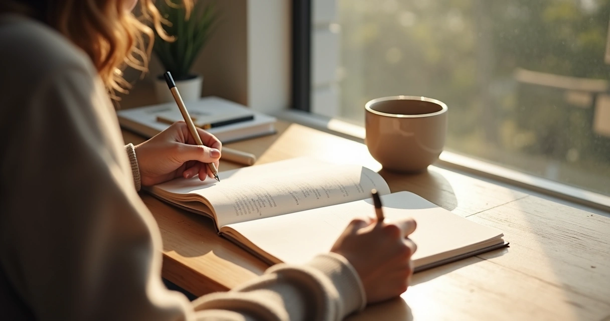 Persona escribiendo en un diario junto a una taza y una ventana
