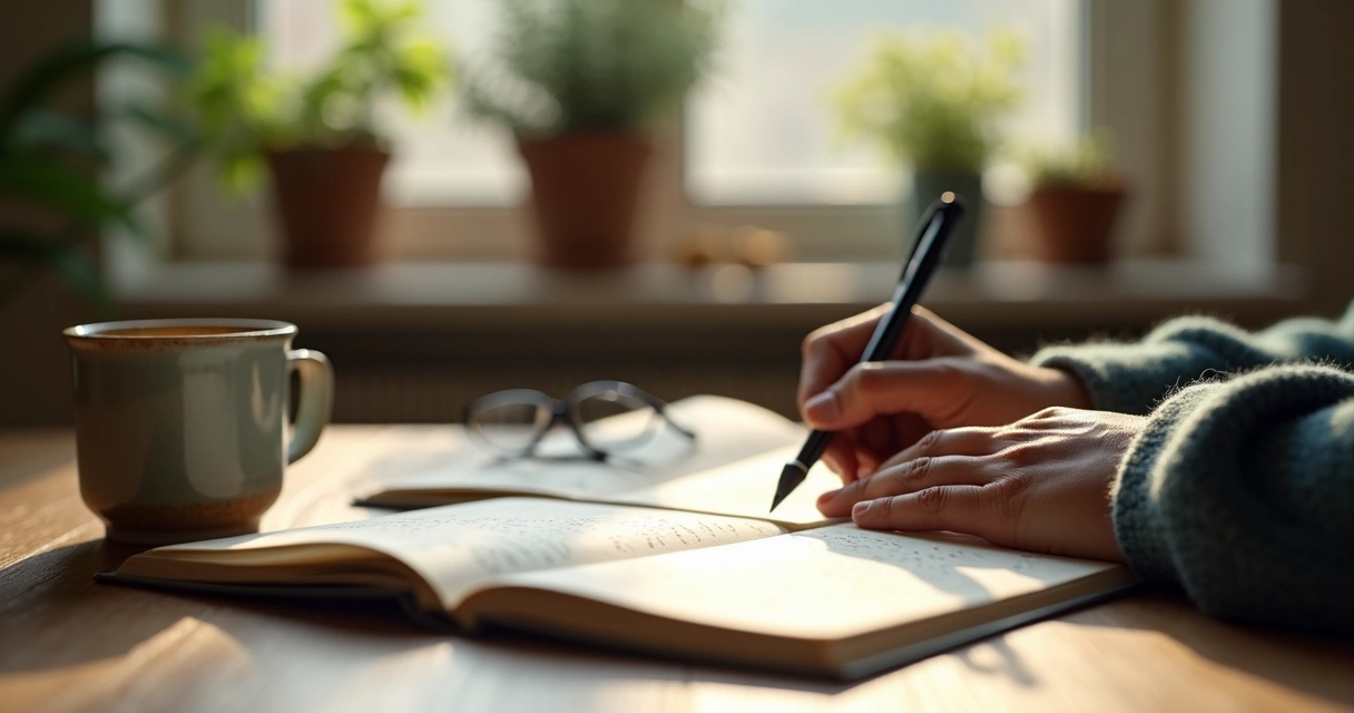 Persona escribiendo en un diario junto a una taza y una ventana 