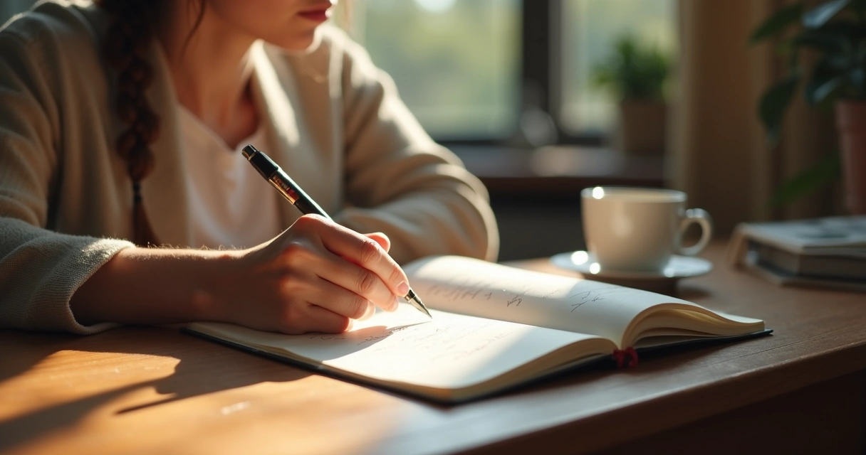 Persona escribiendo en un cuaderno junto a una taza y luz suave 