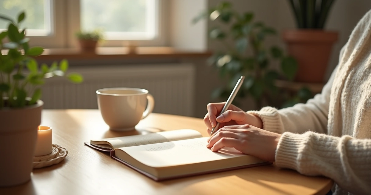 Persona escribiendo en un diario junto a una taza y una vela
