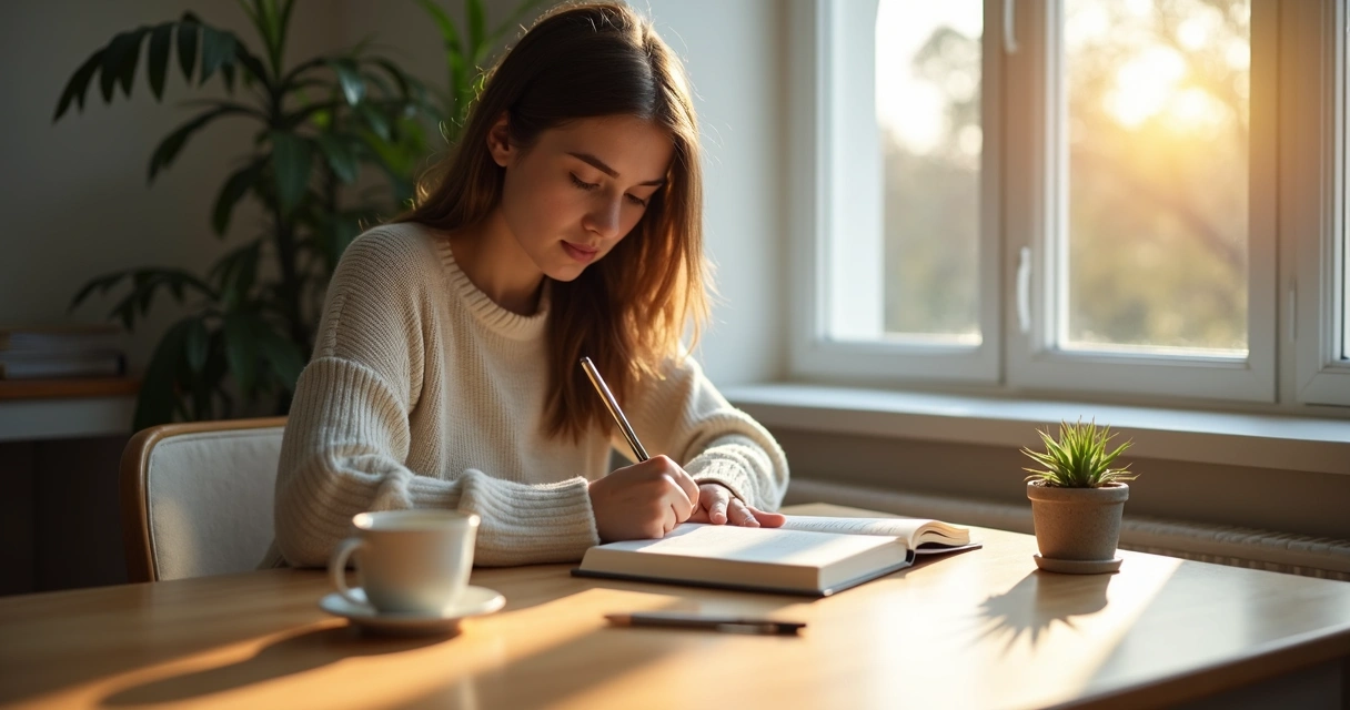 Persona escribiendo en un diario junto a una ventana 