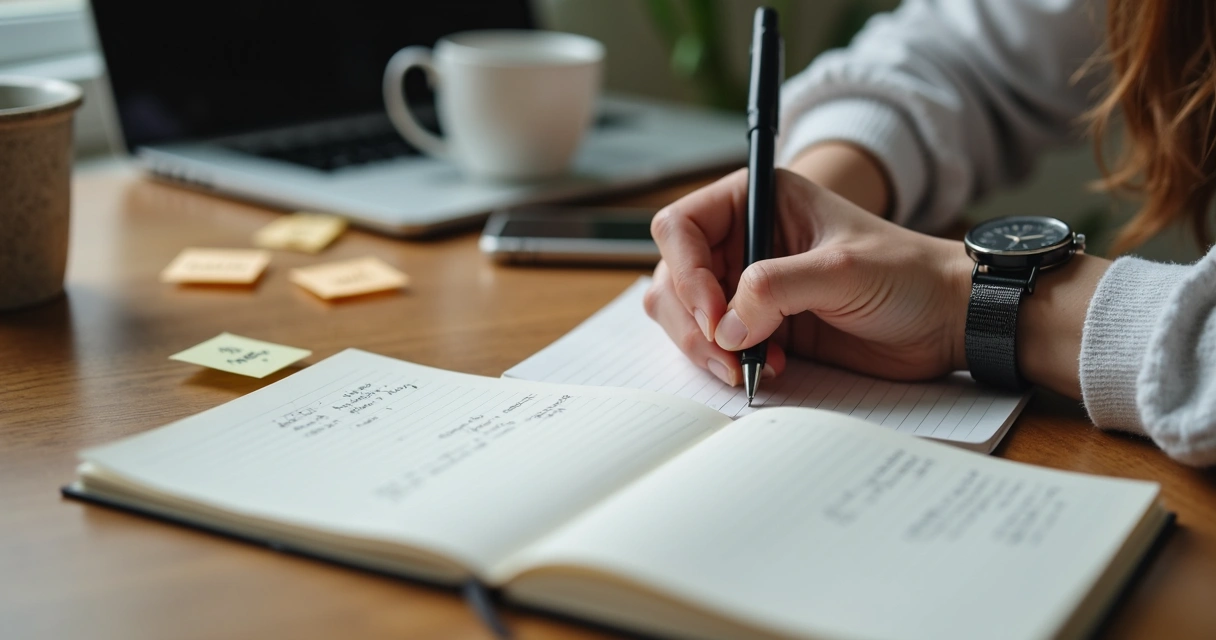 Persona escribiendo en un cuaderno junto a una taza y un reloj 