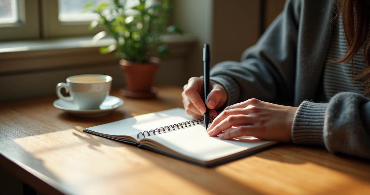 Persona escribiendo un diario a mano en una mesa de madera