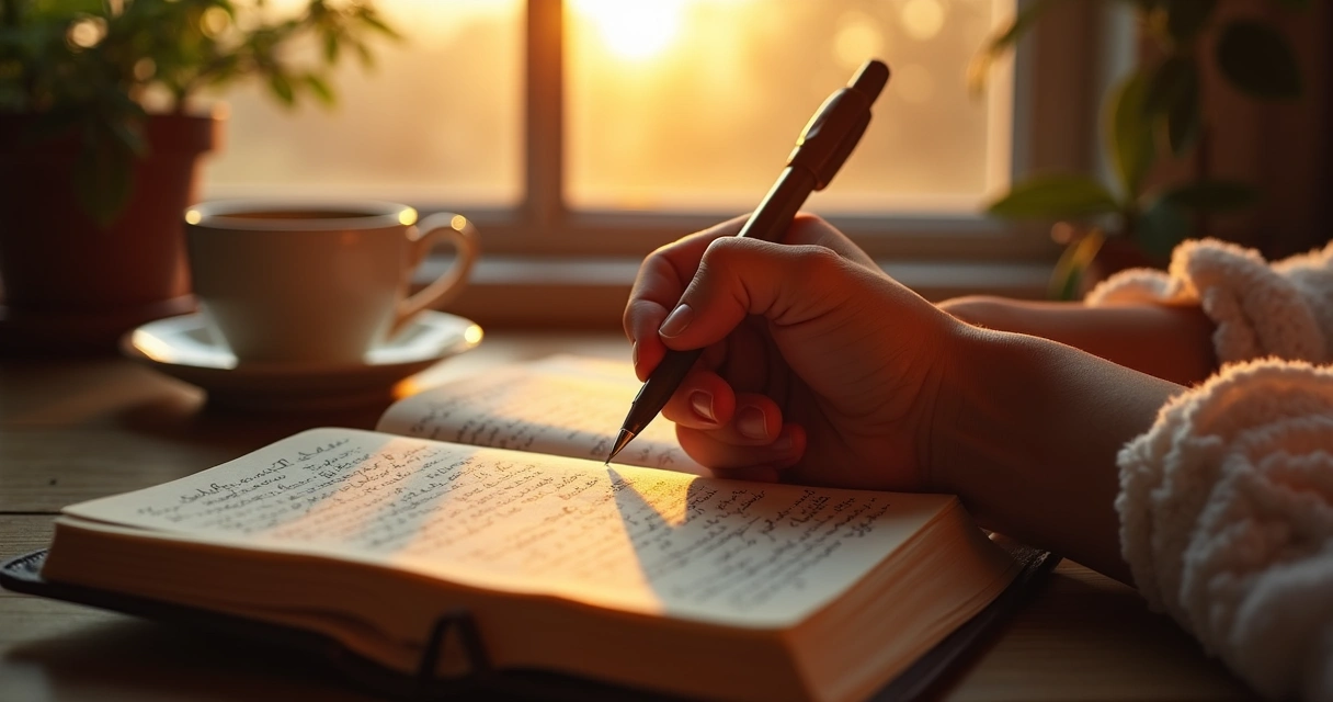 Manos escribiendo en un diario al atardecer junto a una taza de té