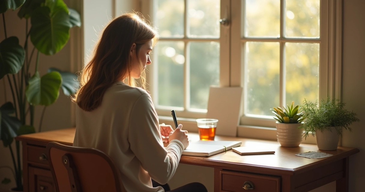 Persona escribiendo en un diario junto a una ventana 