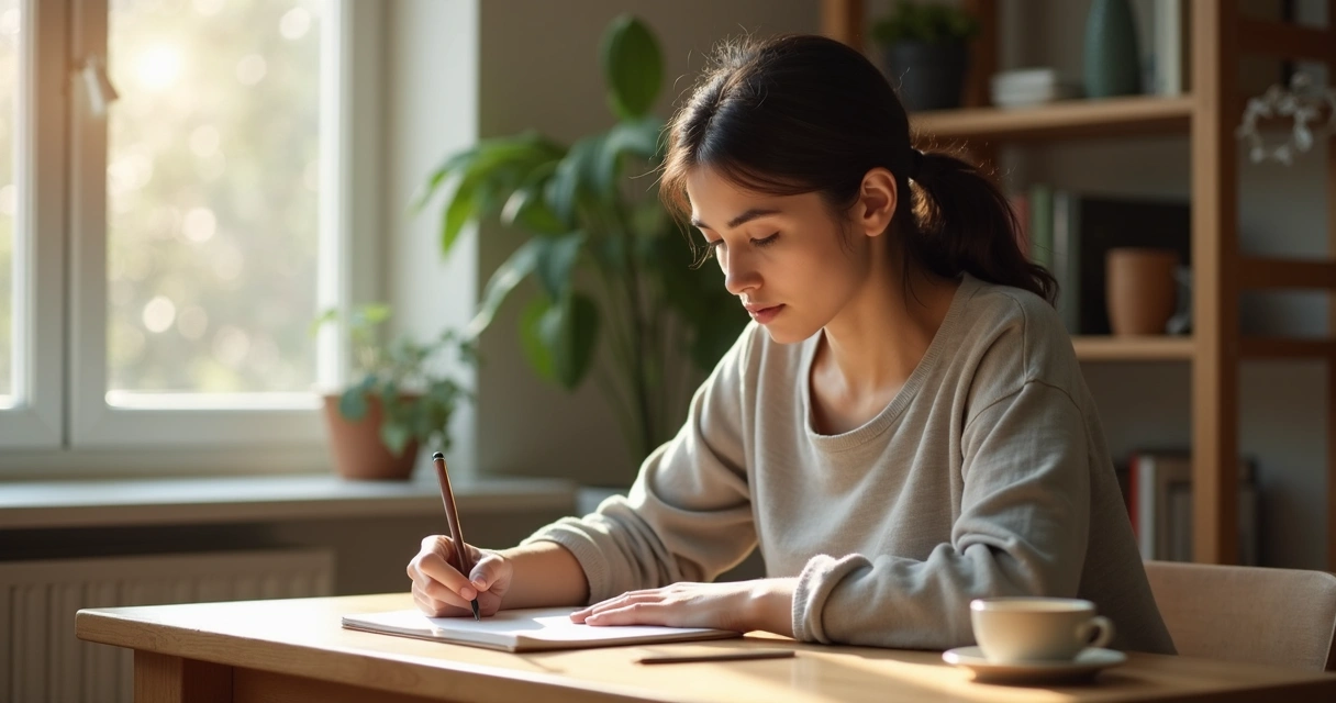 Persona escribiendo en un diario junto a una taza y una ventana 