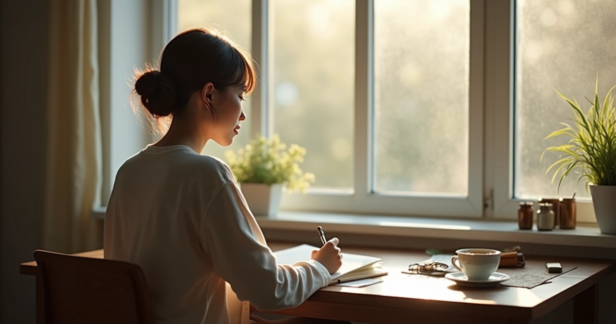 Persona escribiendo en un diario frente a una ventana