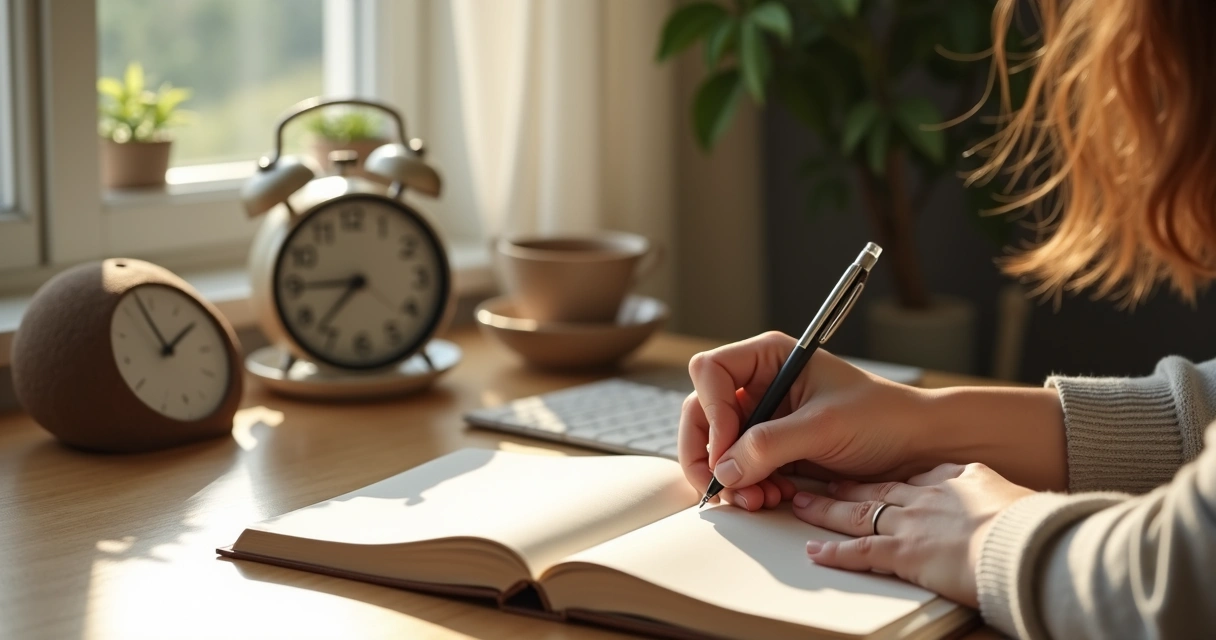 Persona escribiendo en un diario junto a una taza y luz suave 